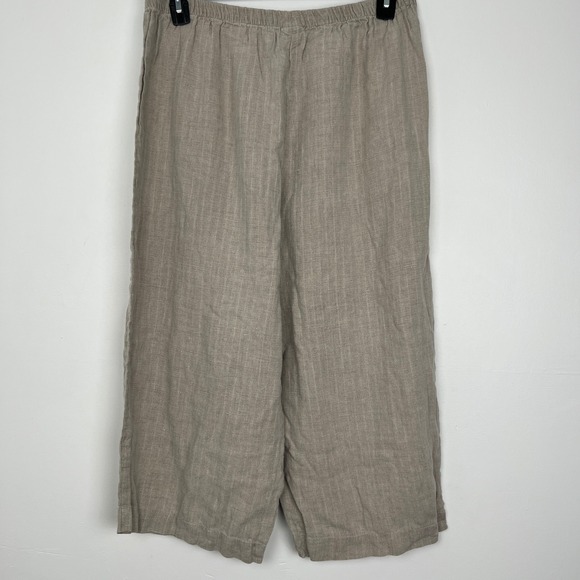 VINTAGE - Eileen Fisher Woman 2X Linen Wide Leg Cropped Pant Taupe Elastic Waist - Picture 2 of 9